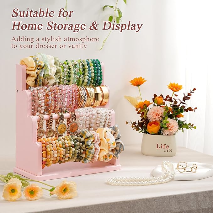 Emfogo Bracelet Holder, 4 Tier Bracelet Organizer Storage for Bracelets Bangles Watch Scrunchies, Rustic Wood Jewelry Organizer Display for Home, Vendors, Craft Shows and Store(Pink)