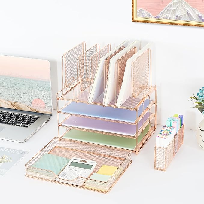 Desk Organizers and Accessories, 3-Tier Paper Organizer with 5 Vertical File Holders, File Organizer for Desk (Rose Gold With Drawer, 3T With Drawer)