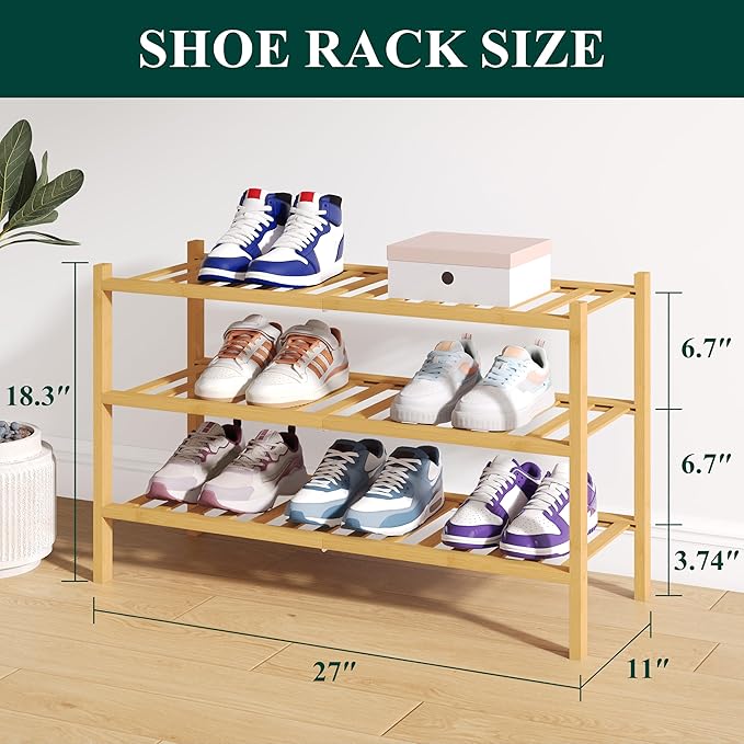 Smiry Bamboo Shoe Rack for Closet, 3 Tier Wooden Stackable Shoe Organizer, Free Standing Shoes Storage Shelf for Entryway, Front Door Entrance, Natural & White