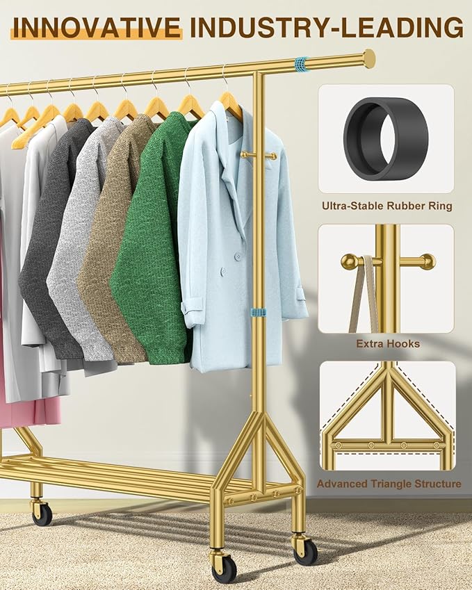100% Stainless Steel Clothing Rack Load 760LBS, Ultra-Stable Heavy Duty Clothes Rack W/ Reinforced Rubber Ring, Extendable Adjustable Rolling Garment Racks W/ Sturdy Wheel for Portable Hanging Clothes