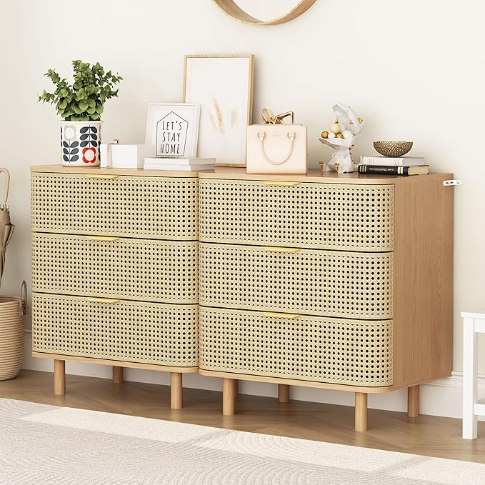 ORRD 3 Drawer Dresser Set of 2, Modern Iron Rattan Cabinet Dresser for Bedroom, Large Nightstand Accent Storage Chest of Drawers for Living Room, Bedroom - Natural