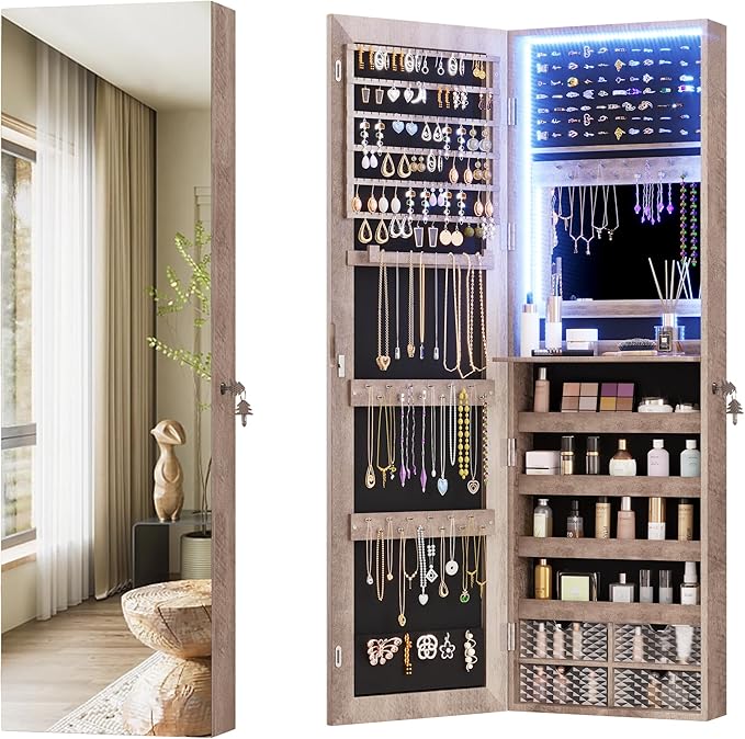 Vlsrka 47.2 Inch Full Length Mirror with Storage, Wall Mount Mirror Jewelry Cabinet, Over The Door Hanging Jewelry Armoire Organizer, Built-in Light, 4 Drawers, 5 Shelves, Lockable (Wood)