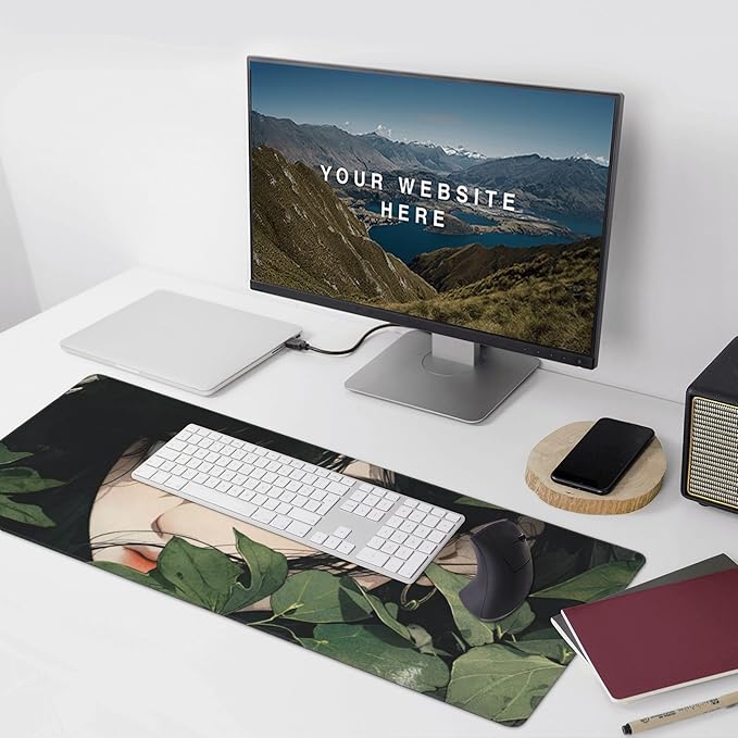 Girl in Foliage Large Mouse Pad, Anime Style Gaming Desk Mat, XXL Keyboard Desk Pad Mat for Desktop, 35.4"x15.7" Non-Slip Base Big Mousepad with Stitched Edges