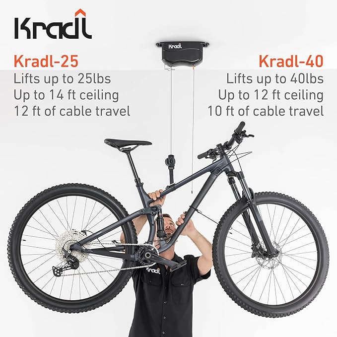 Kradl - Ceiling Mount Bike Lift and Rack. Bicycle Storage Hoist Without Electricity, Clumsy Ropes or Pulleys.