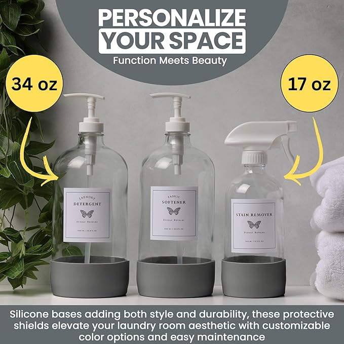 Glass Laundry Dispenser Set w/Silicone Base, 2x 34 oz & 1x 17 oz Pump Dispensers for Liquid Detergent/Stain Remover