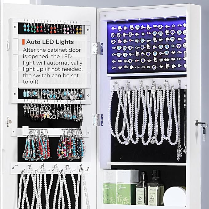 GISSAR Full Length Mirror Jewelry Cabinet, 6 LEDs Jewelry Armoire Wall Mounted Over The Door Hanging, Jewelry Organizer Storage with Lights Lockable, Bright White, 14.6" x 47.2"