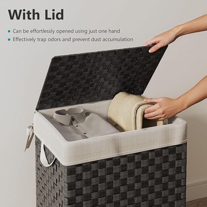 Foldable Laundry Hamper Basket with Lid by Fiona's magic, Handwoven 96L Large Clothes Hamper with Removable Liner Bags, Collapsible Tall Hamper for Bedroom, Bathroom and Dorm Organizer, Black