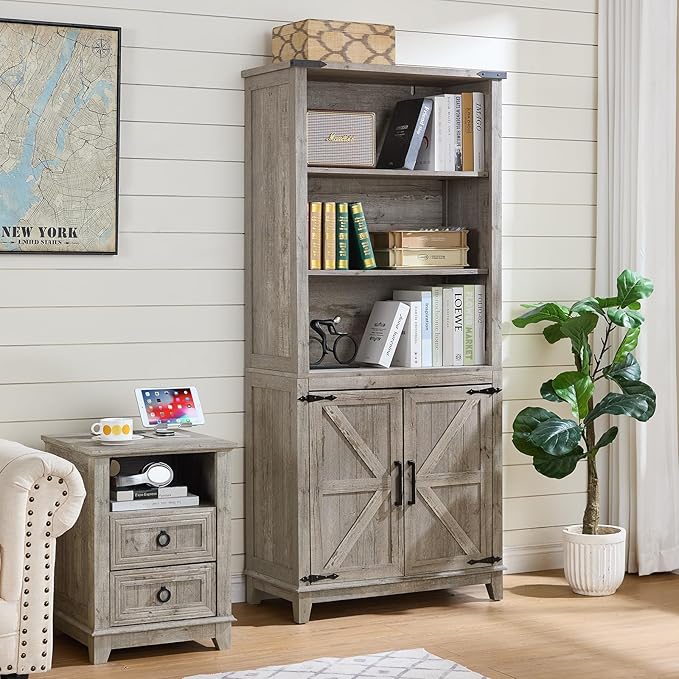 5 Tier Bookshelf 70in Tall Bookcase with Barn Doors and Storage Cabinet, Grey Farmhouse Book Shelf with Adjustable Shelves, Wood Freestanding Display Bookshelves for Bedroom, Kitchen (3 PCS)