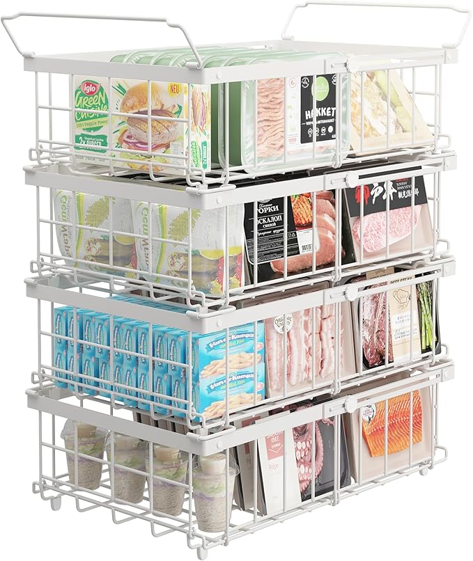UMDONX 4 Pack Expandable Freezer Organizer Bins Large Freezer organizer Bins Stackable 11.4" Expand to 17.9", Fit 10 to 20 Cu.FT Black