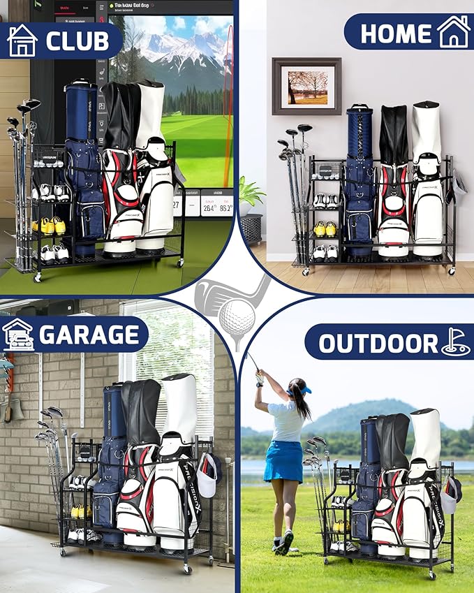 Golf Storage Rack, Garage Golf Organizer for 3 Golf Bags, Clubs, Balls, Shoes & Accessories, Garage Home Heavy Duty Golf Equipment Storage