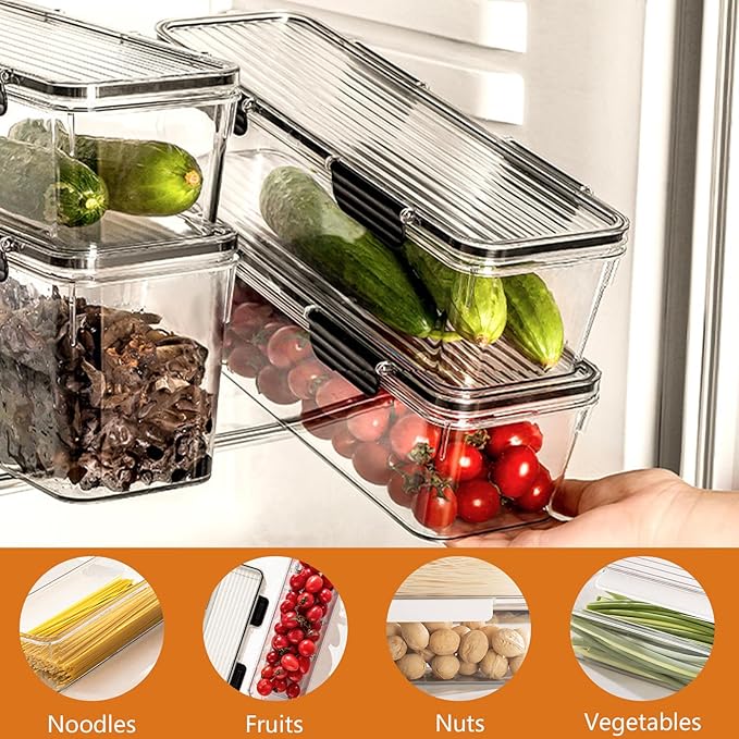 2-Pack Stackable Fridge Organizer Bins with Lids, Clear BPA-Free Food Storage Containers for Refrigerator, Fruits, Vegetables, and Drinks (White)
