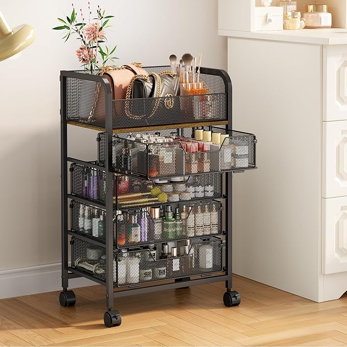 5-Tier Craft Organizer Cart with Wheels-Storage Cart with Drawers,Lockable Wheels Rolling Utility Cart,Makeup Cart with DIY Divider,Office Supply Organizer Storage for Studio,Office,Bedroom,Black