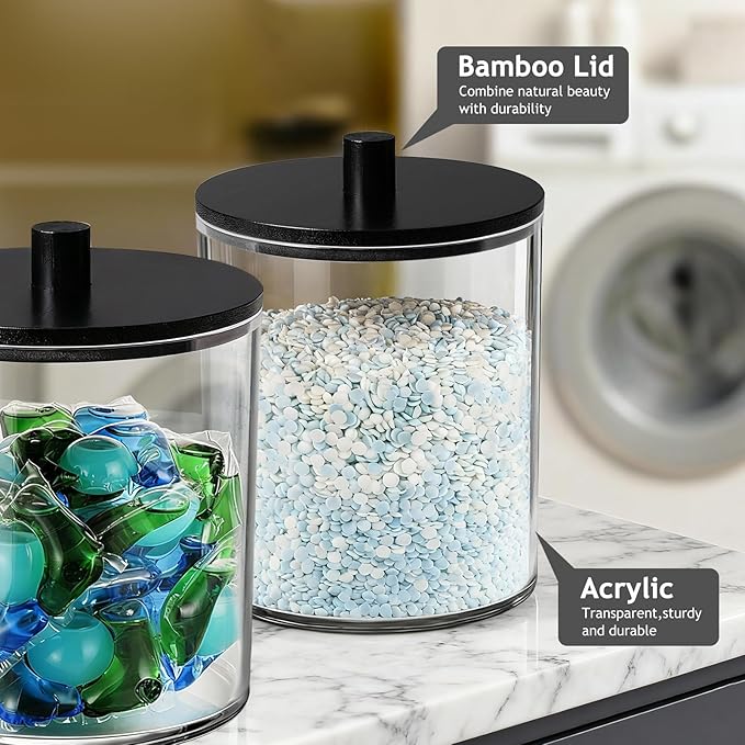 SheeChung 3 Pack 50 Oz Large Apothecary Jar with Bamboo Lid, Laundry Pods Container, Storage Jars for Bathroom Organization, Plastic Canisters with Cute Stickers Spoons(Black)