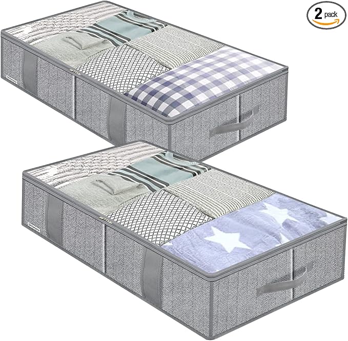 Onlyeasy Breathable Under Bed Storage Bags with 4 Reinforced Handles and Sturdy Side Wall, 2 Pack Eco-friendly Underbed Clothing Blankets Organizer with 2 Strong Zippers, Herringbone Grey, MXRUBBSS2P