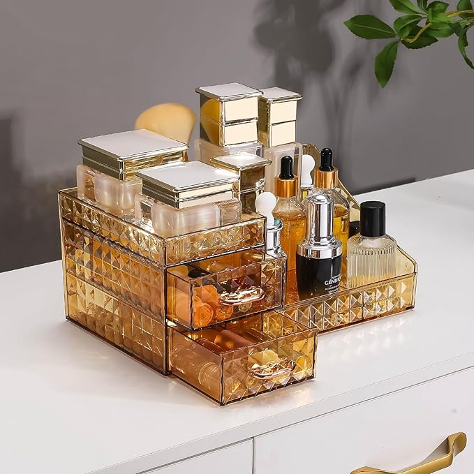 Clear Makeup Organizer for Vanity,Desk Makeup Caddy With Drawers for Cosmetics,Lipsticks Nail Care Skincare Jewelry Countertop Organizers,Cosmetic Display Cases for Bathroom, Dresser (Amber)