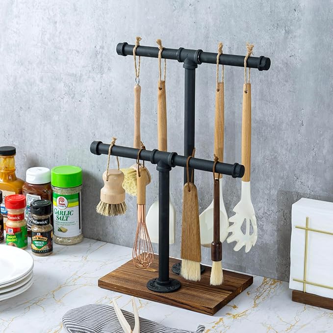 MyGift Adjustable 2-Tier Industrial Jewelry Display Stand - Rustic Metal Pipe & Brown Wood Base for Necklaces, Bracelets, Watches - Home & Boutique Decor (11.75" H)