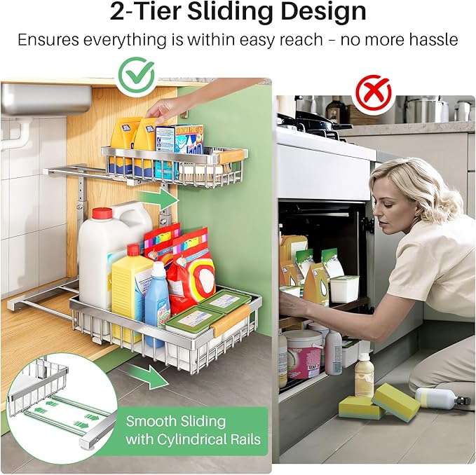 Under Sink Organizer, Stainless Steel 1-Pack 2 Tier Under Sink Organizers and Storage, Slide out Pull out Cabinet Shelf, Sliding Drawer for Kitchen Bathroom Pantry Cabinet Closet Organization Rack