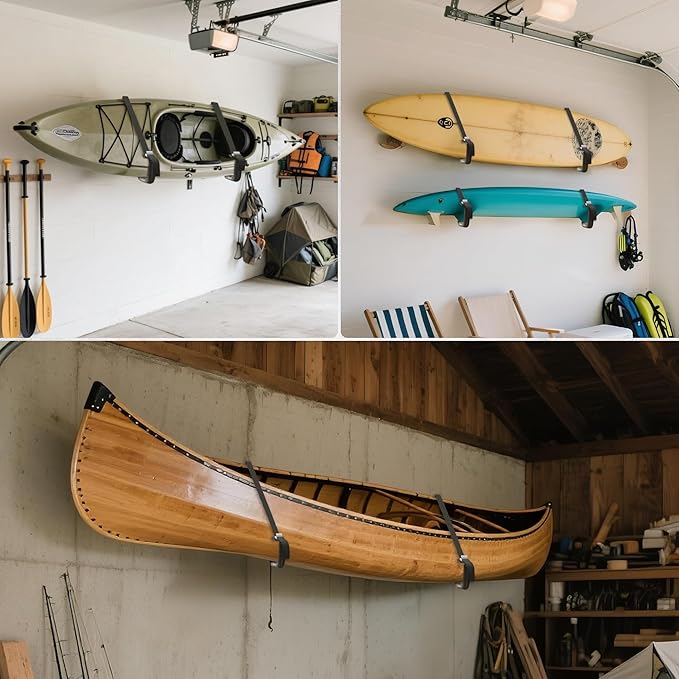 Kayak Storage Rack – 100LB Heavy Duty Kayak Wall Mount with Foam Padding & Straps | Kayak Rack for Garage, Wall Mounted Storage Hooks for Canoes, Paddle Boards, Ladders, Bikes (Square Tube)