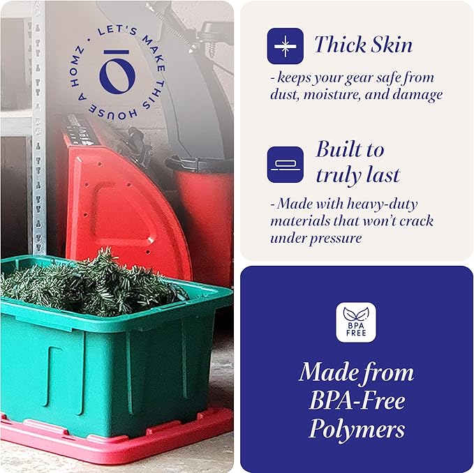 HOMZ 2-Pack Durabilt, Heavy Duty Plastic Storage Bins with Lids, 15 Gallon, Green/Red - Stackable Container Boxes for Holiday, Attic, and Garage Organization