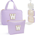YOOLIFE Hanging Toiletry Bag for Women - Travel Toiletry Bag Makeup Bag, Portable Toiletries Cosmetic Bag, Airplane Travel Essentials - Letter W, Purple