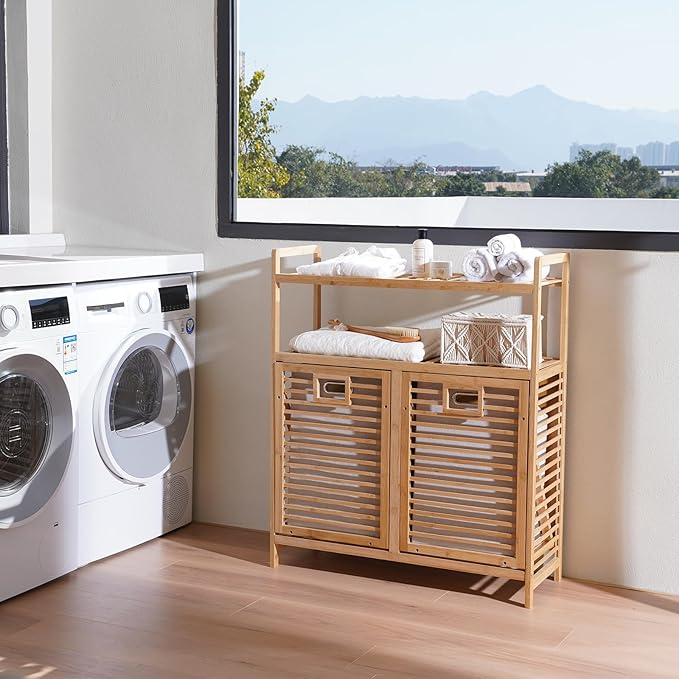 Double Tilt Out Laundry Hamper, Bamboo Hamper with 2 Removable Bags, Pull Out Laundry Hamper Cabinet, Bathroom Storage Shelf for Laundry Room, Living Room, Bedroom (2-Tier, Natural)