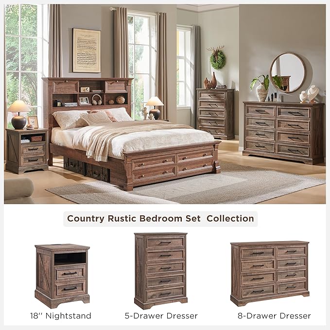 ACCOHOHO 18" Farmhouse Nightstand with Charging Station,End Table with 2 Drawers Storage,Side Table,Bedside Cabinet for Bedroom,Living Room, Light Brown