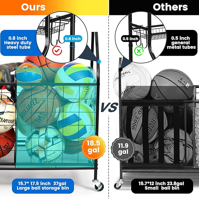 Kinghouse Sport Equipment Organizer for Garage, Steel Basketball Rack with Baseball Bat Holder and Hooks, Easy Assembly Storage for Balls, Kids' Toys, and Workout Gear in Basement, Home Gym, Outdoor