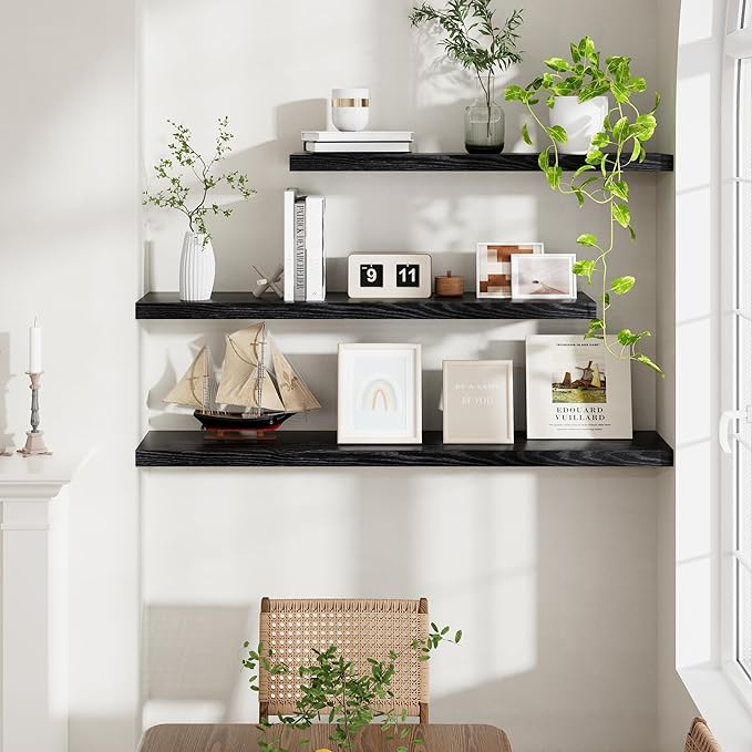 Fun Memories 72 Inch Floating Shelves Black, 72 x 9.3 Rustic Wooden Fireplace Mantel, 9.3 Inch Floating Shelf for Wall, Farmhouse Wall Shelves for Home Storage & Display