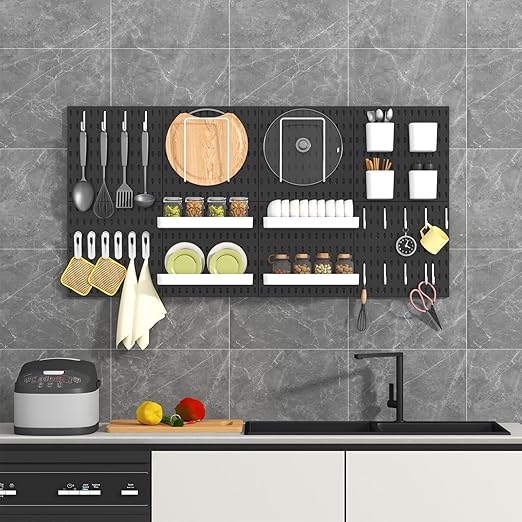 Pegboard Combination Kit, 8 Peg Boards and 30 Accessories Modular Hanging Black Pegboard for Wall, Office Organizer, Keys Holder, Nursery Storage, 44"x22"