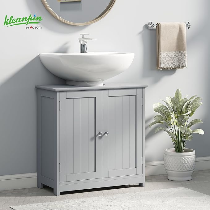 kleankin 23.5" Pedestal Sink Storage Cabinet, Freestanding Bathroom Under Sink Cabinet with U-Shape Cut-Out and Adjustable Shelf, Gray