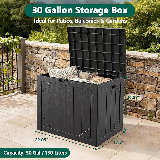 Outdoor Storage Box, 30 Gallon Deck Box Outdoor Storage Bench Outside Waterproof Resin Storage Bench, Lockable Patio Cushions, Garden Tools Storage For Furniture, UV Resistant(Black)