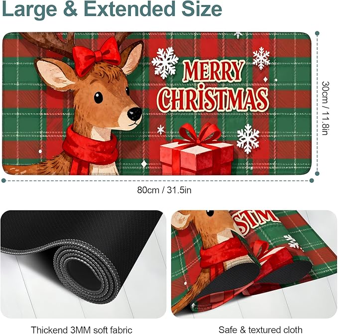 Merry Christmas-Elk Gaming Mouse Pad 31.5"x11.8"Desk Mat Anti-Slip Rubber Base & Durable Stitched Edges for Gamers Smooth Mouse Writing Surface for Desk Office/Home