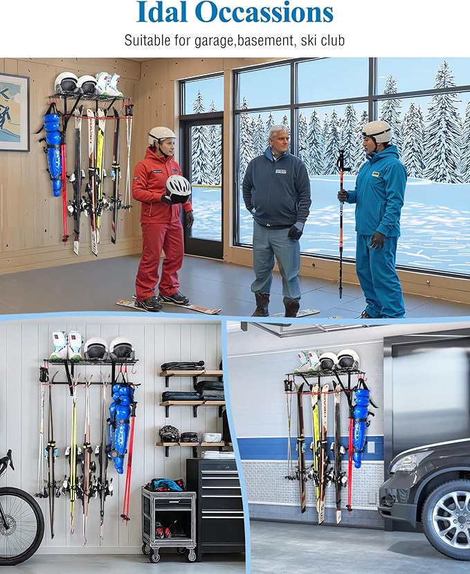 Mythinglogic Wall Mounted Ski Rack, Ski and Snowboard Storage Rack for Garage/Shed, Large Capacity Ski Equipment Holder with Top Shelf