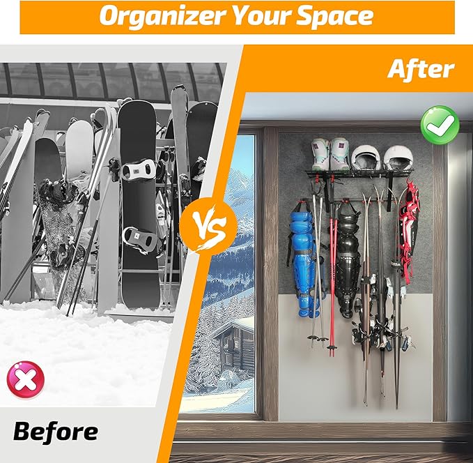 PLKOW Wall-Mounted Ski Rack, Skis Storage Rack for Garage Shed with Top Storage Shelf, Customizable Spacing, Supports Up to 280 lbs, Steel, 1-Pack