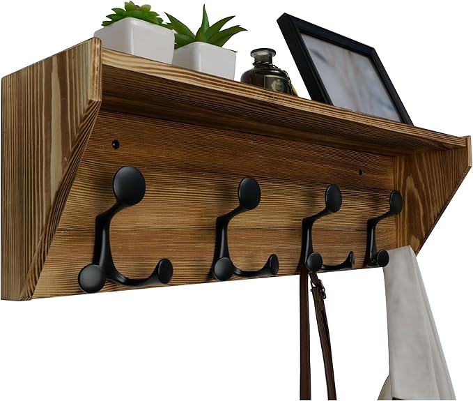 WEBI Wall Shelf with Hooks Underneath,24” Long Wall Mounted Coat Rack with Shelf,Entryway Coat Rack with 4 Triple Hooks for Hanging Coats,Jacket,Hallway,Bedroom,Mudroom,Brown
