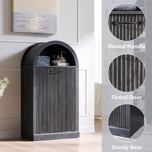 Arched Tilt-Out Trash Can Cabinet, Fluted 10 Gallon Trash Can with Open Shelf, Modern Laundry Hamper Cabinet, Hidden Garbage Can with Storage Basket for Kitchen, Living Room, Dark Grey