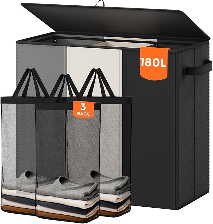 180L Laundry Hamper 3 Section, Large Laundry Basket with Lid, Laundry Basket Organizer with Handles, Divided Laundry Baskets, Clothes Hampers for Laundry, Bedroom, Bathroom