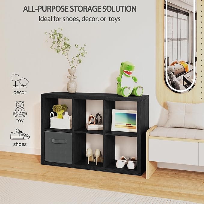 6 Cube Organizer, Cube Storage Organizer with Fabric Bin, Cube Storage Shelf for Bedroom, Living Room, Office, Modular Bookshelf Organizer for Books, Closet, Black