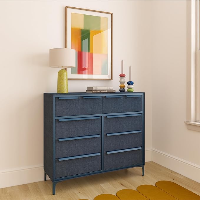 Naima Premium Fabric Dresser - Strong Metal Frame, 10 Spacious Sag-Proof Drawers with Sleek Metal Handles - Premium & Durable Storage Solution for Your Home (Navy)