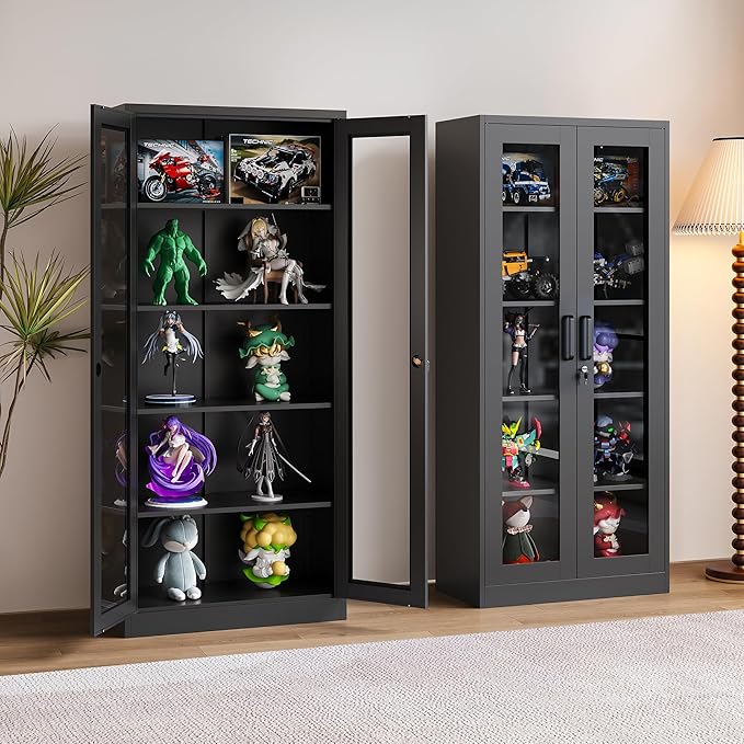 SISESOL Metal Storage Cabinet with Lock and Glass Doors,Glass Display Cabinet,67" Tall Black Storage Cabinets,Locking Curio Cabinets with 5 Shelves for Collectibles,Home,Office,Living Room