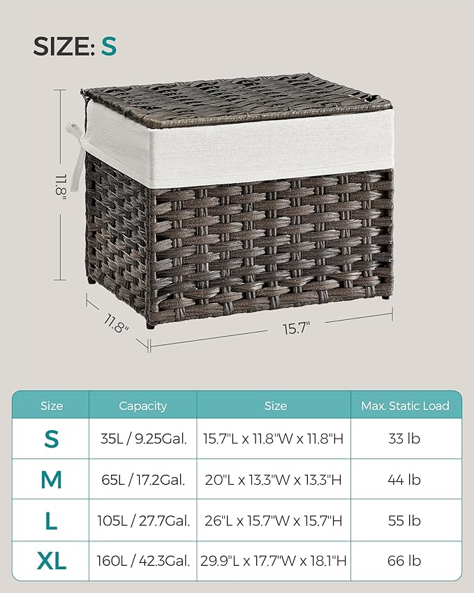 SONGMICS Storage Basket with Lid, 9.2 Gallon (35L) Storage Bin, Woven Blanket Storage Basket with Handles, Foldable, Removable Liner, Metal Frame, for Bedroom, Laundry Room, Brown URST040K01