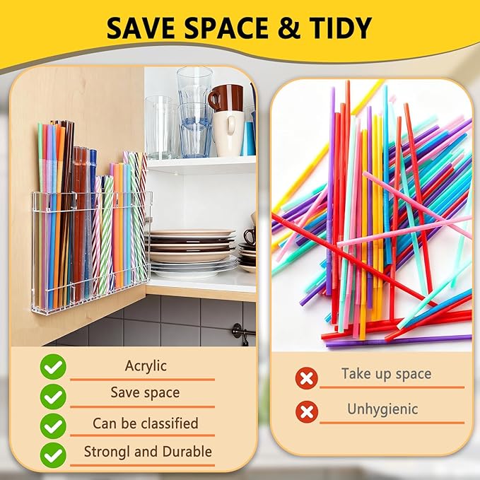 9.5" Large Acrylic Straw Holder for Cabinet Door - Reusable Tumbler Straw Organizer Storage, Small Kitchen Organizers and Storage Accessories Container, Ultra Sticky Cupboard Door Mounted