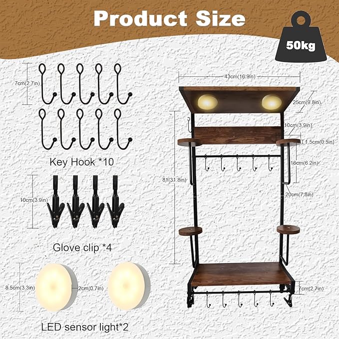 Motorcycle Helmet Holder Wall Mounted Motorcycle Gear Helmet Hook Rack Storage Helmet Hanger Display Stand Football Helmet Wall Mount with 2 Layer Wooden Boards and 4 Hat 14 Accesorios(Upgraded)
