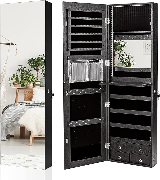 CHARMAID LED Strip Jewelry Armoire with 47.2" H Full Length Mirror, Wall/Door Mounted Jewelry Organizer with Built-in Mirror, Flip-over Cosmetic Tray, 4 Drawers, Large Storage Jewelry Cabinet (Black)