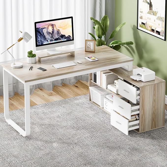 55 Inch Reversible L Shaped Computer Desk with 3 Drawers, Corner Desk with Storage Shelves and Removable Monitor Stand, White and Walnut
