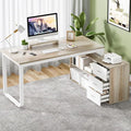 55 Inch Reversible L Shaped Computer Desk with 3 Drawers, Corner Desk with Storage Shelves and Removable Monitor Stand, White and Walnut
