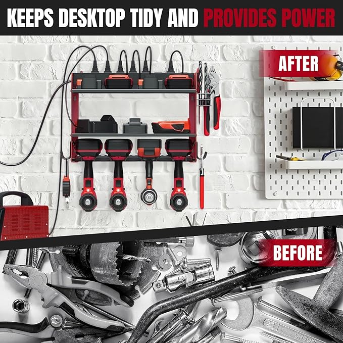 Modular Power Tool Organizer Wall Mount with Charging Station, 4-Layer Heavy Duty Drill Holder Rack & 8-Outlet Power Strip for Garage Workshop Storage