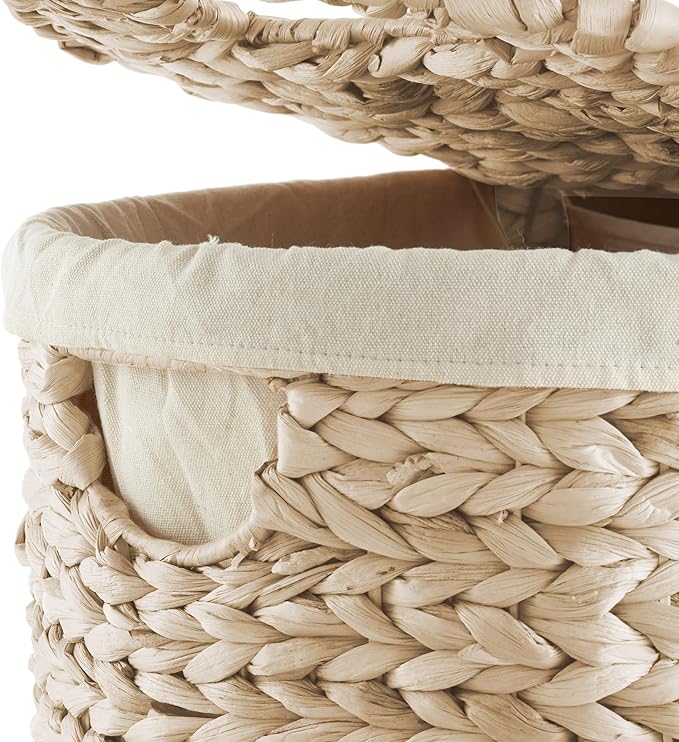 Casafield Oval Laundry Hamper with Lids and Removable Liner Bags - Whitewash, Woven Water Hyacinth 2-Section Laundry Basket Sorter for Clothes, Towels