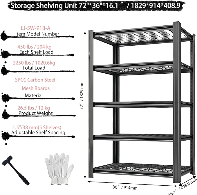 Standing Shelf Units Heavy Duty Storage Rack Industrial Wire Mesh Shelving Double Layer Support Floor Mount Black Steel 72" H x 36" W x 16.1" D 2250LBS 5-Tier