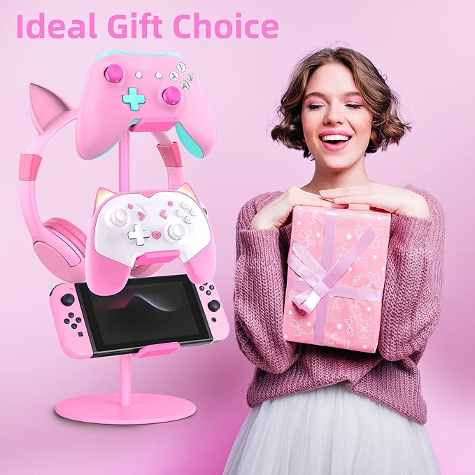 Controller Holder Pink,Headphone Stand,3 Tier Multi Adjustable Game Controller Headset Hanger for All Universal Gaming PC Accessories, Xbox PS4 PS5 Nintendo Switch(Cute Pink)